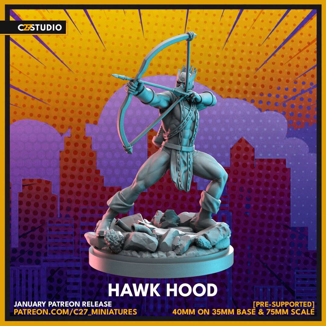 Hawkeye / Hawk Hood 40mm miniature (sculpted by C27 collectibles) (Crisis Protocol Proxy/Alternative)