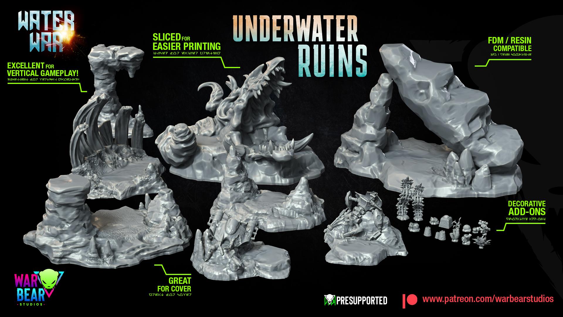 Underwater Ruins - Set of 8 pieces plus accessories - Aqua Strike Force Alpha (Sculpted by War Bear Studios)