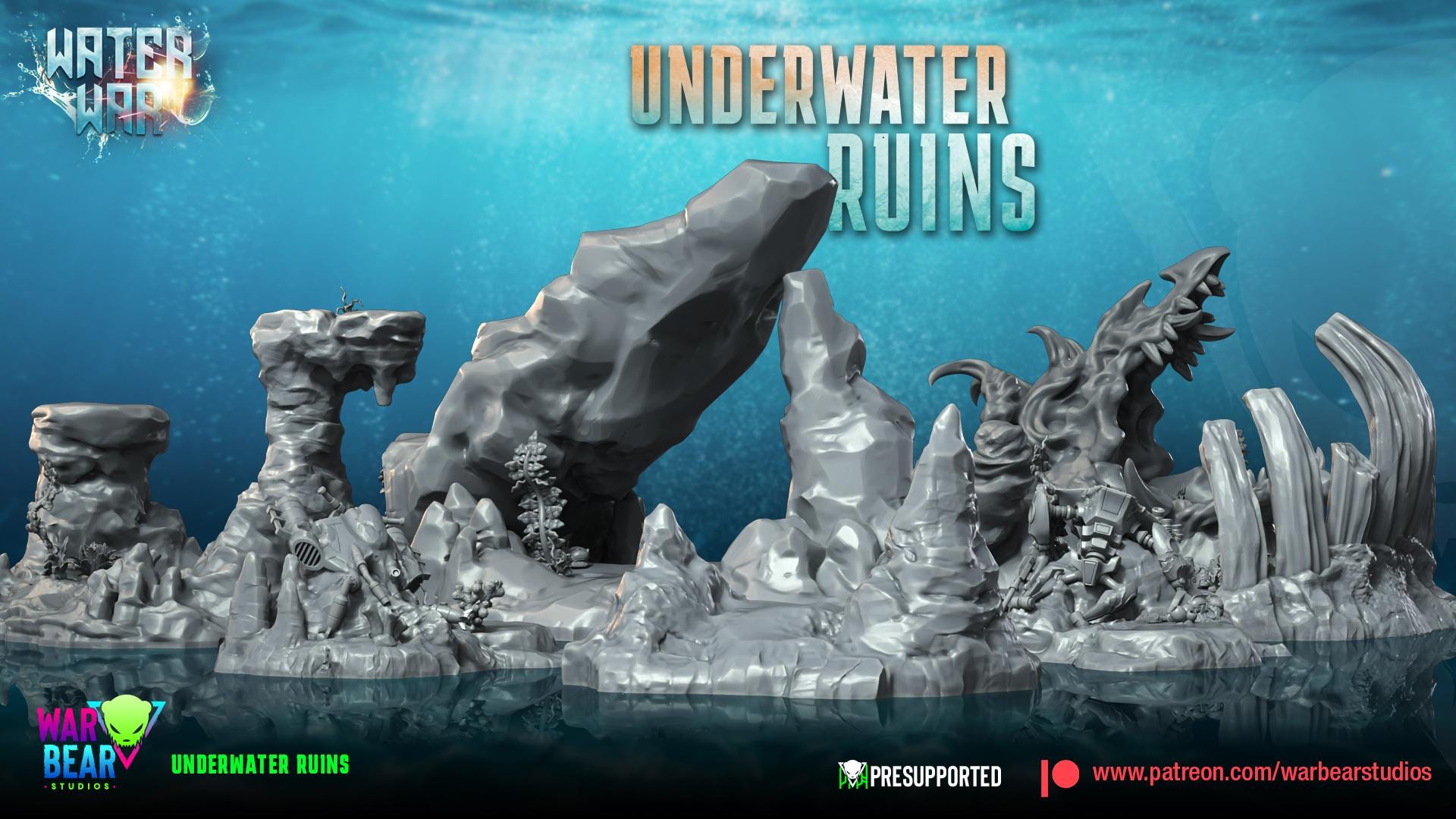 Underwater Ruins - Set of 8 pieces plus accessories - Aqua Strike Force Alpha (Sculpted by War Bear Studios)