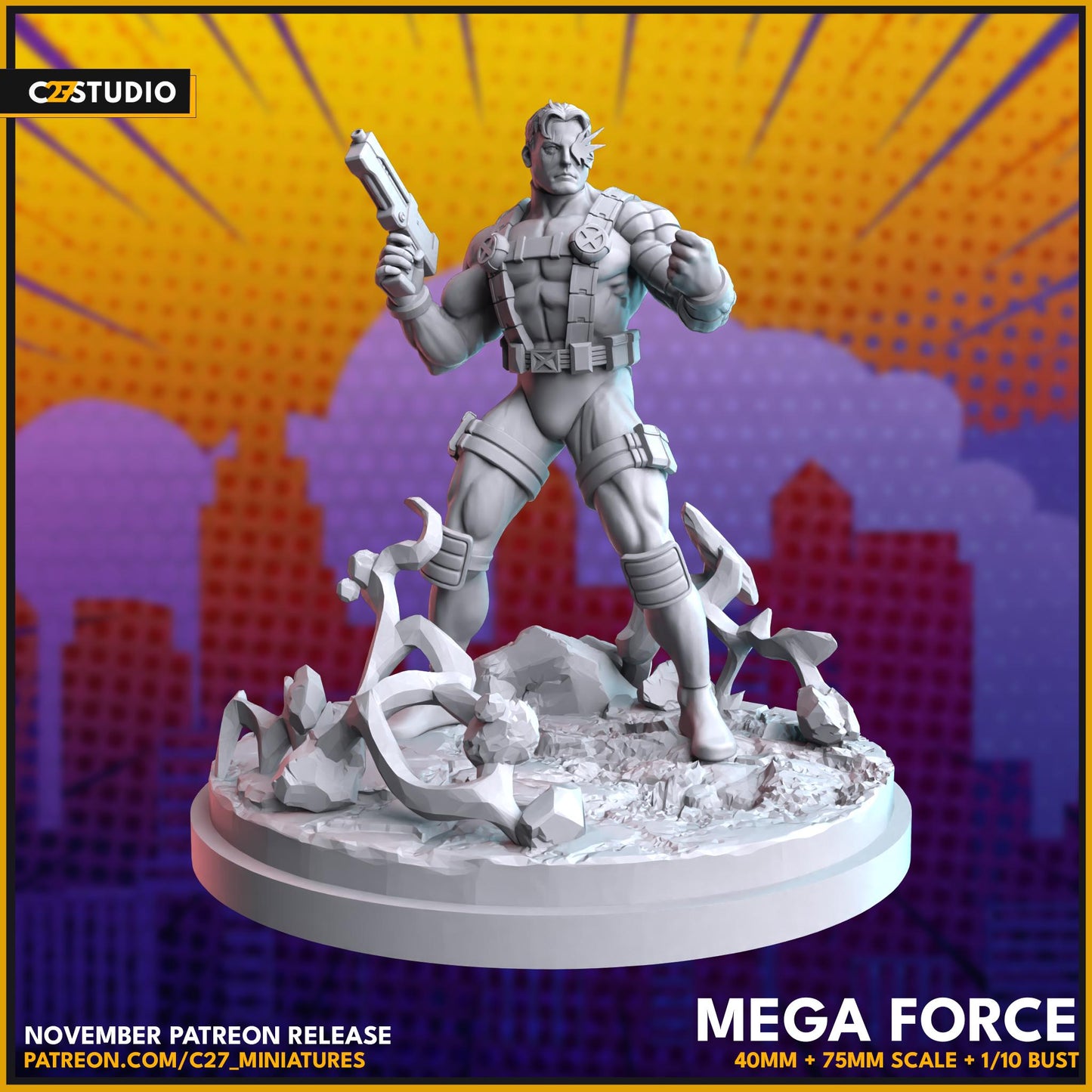 Cable / Mega Force 40mm miniature (sculpted by C27 collectibles) (Crisis Protocol Proxy/Alternative)
