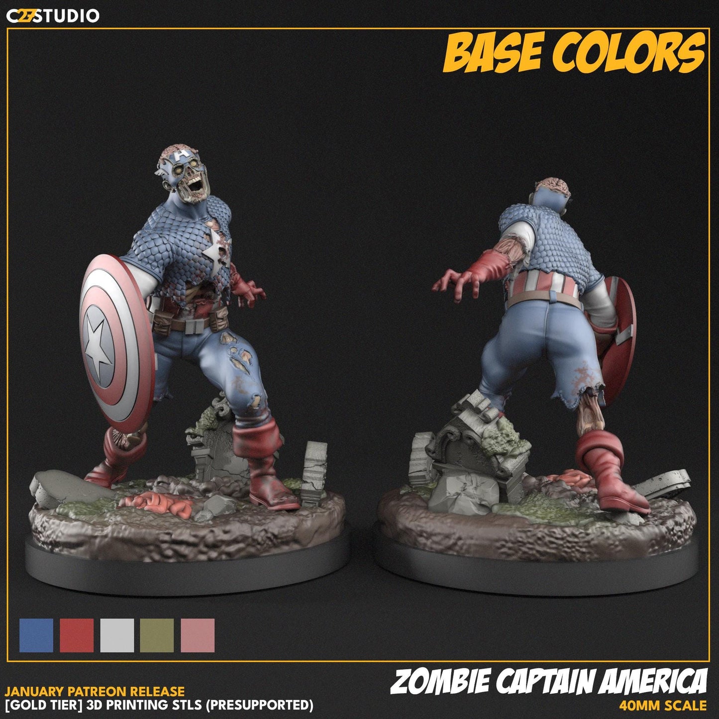 Zombie Captain America / Star-Spangled Ghoul - 40mm miniature (sculpted by C27 collectibles) (Crisis Protocol Proxy/Alternative)