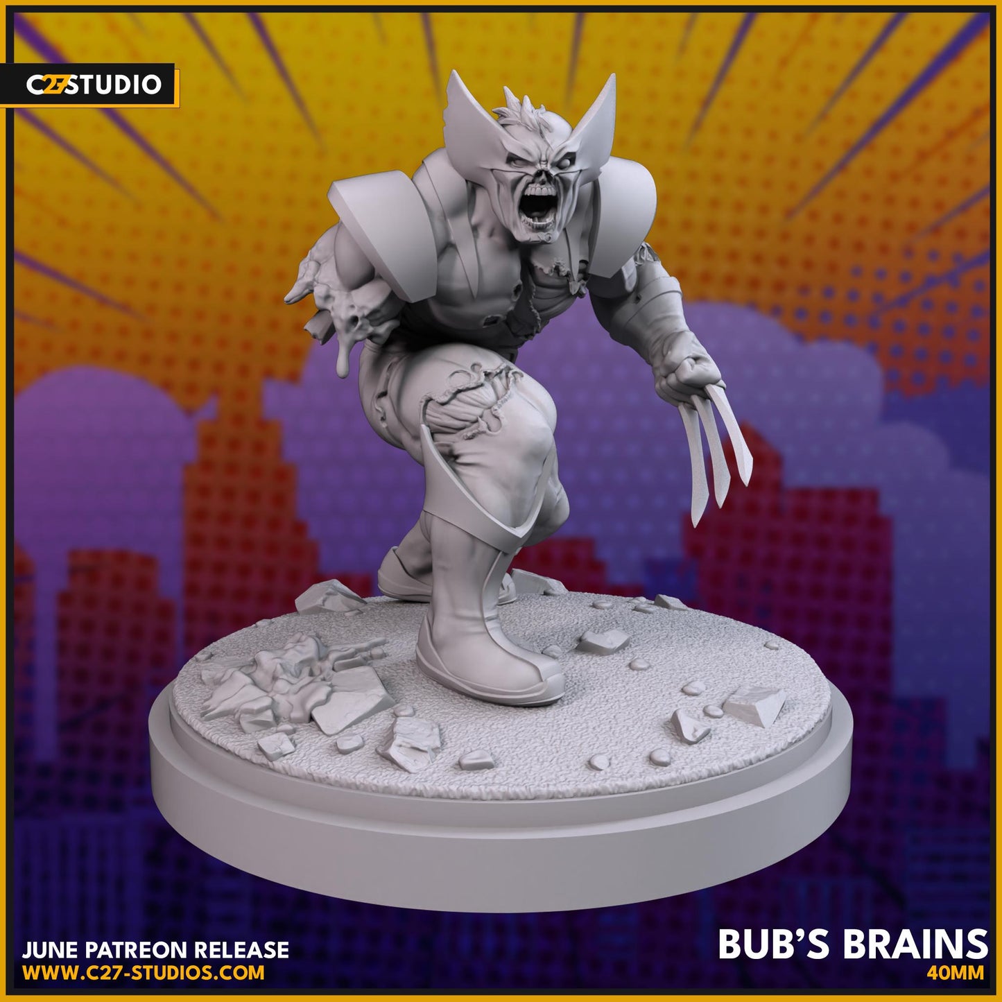 Zombie Wolverine / Bub's Brains 40mm miniature (sculpted by C27 collectibles) (Crisis Protocol Proxy/Alternative)