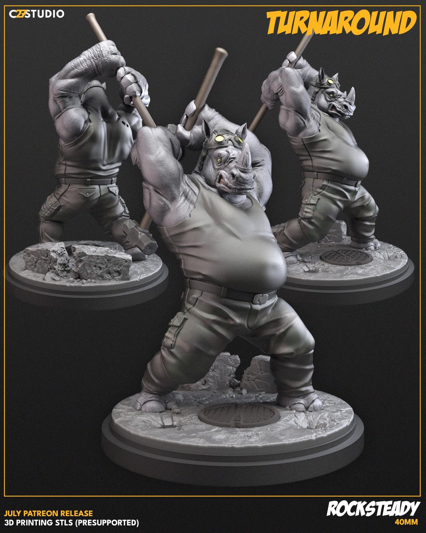 Rocksteady / Rhinosaur 40mm miniature (sculpted by C27 collectibles) (Crisis Protocol Proxy/Alternative)