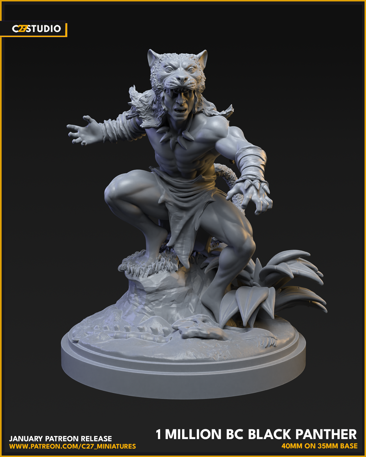 1 Mil BC Black Panther 40mm on 35mm Base (Sculpted by C27 Studios) - 3D Printed Miniature