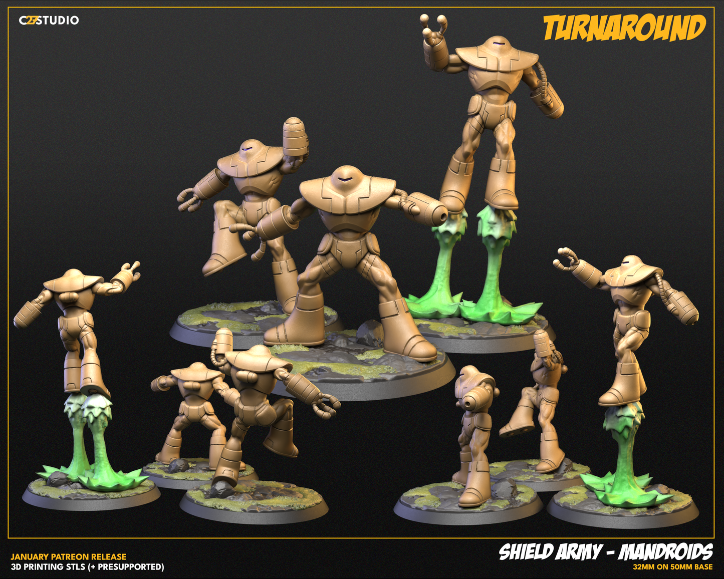 Shield Army Mandroids (set of 3) 40mm on 35mm Base (Sculpted by C27 Studios) - 3D Printed Miniature