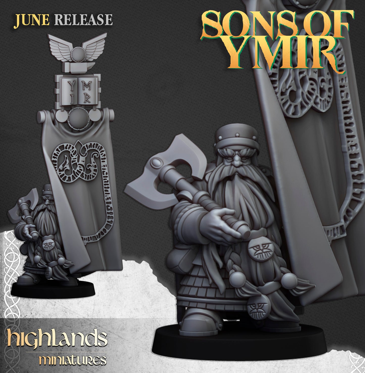 Dwarf Lord with Battle Banner - Sons of Ymir (Sculpted by Highland Miniatures)
