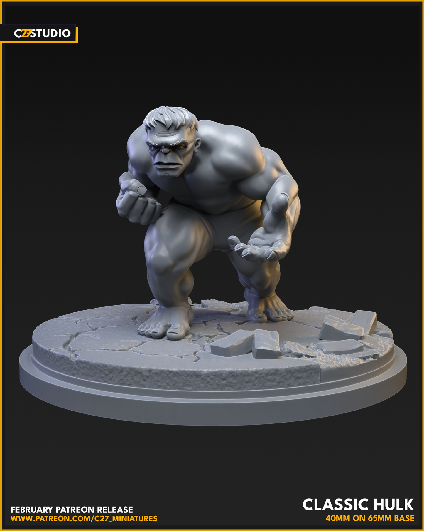 Classic Hulk 40mm on 65mm Base (Sculpted by C27 Studios) - 3D Printed Miniature