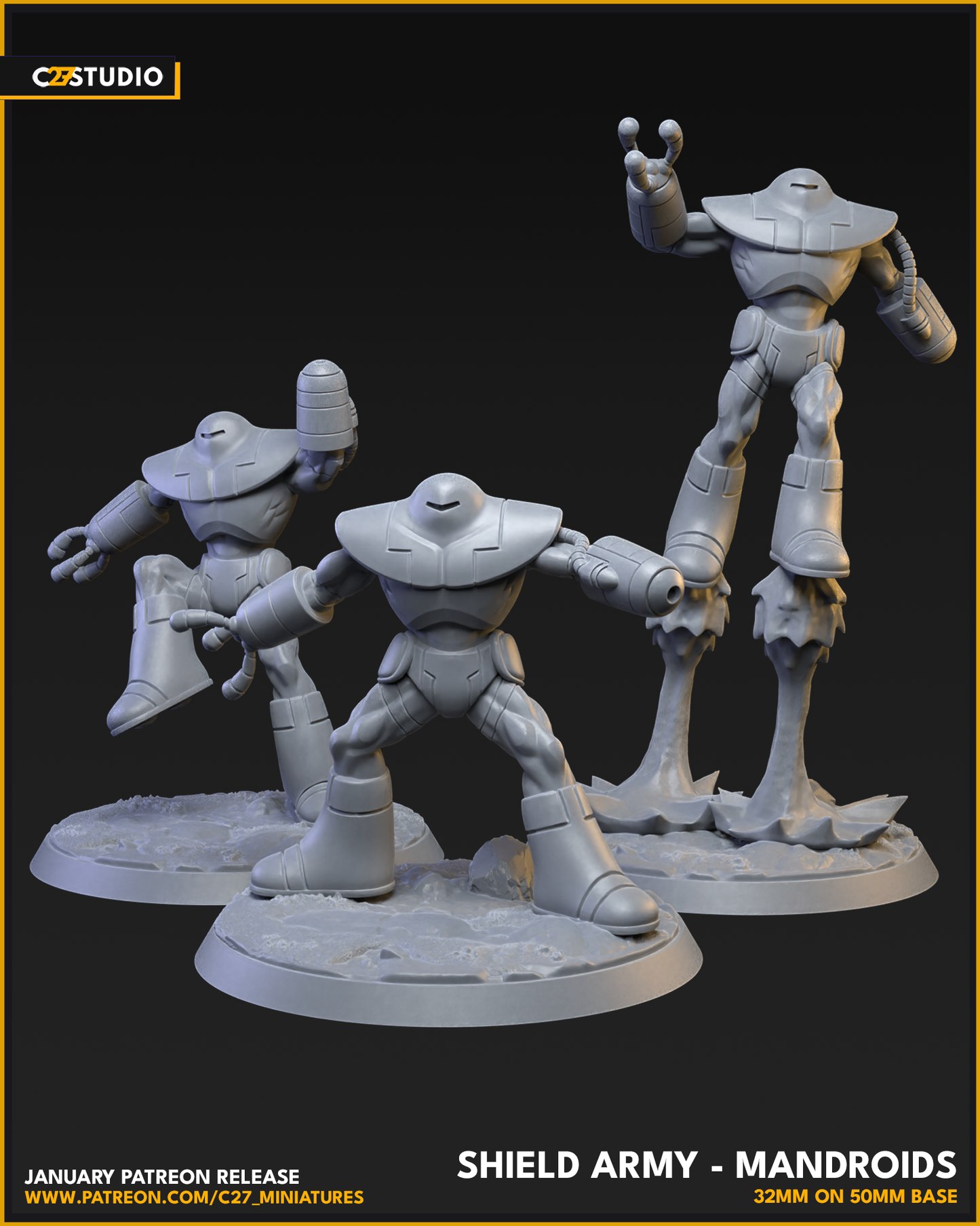 Shield Army Mandroids (set of 3) 40mm on 35mm Base (Sculpted by C27 Studios) - 3D Printed Miniature