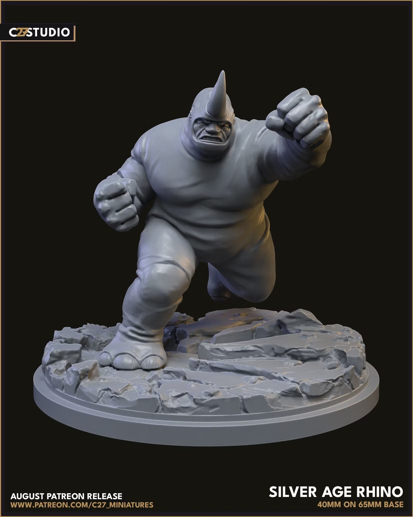 Silver Age Rhino on 65mm Base (Sculpted by C27 Minis & Terrain)
