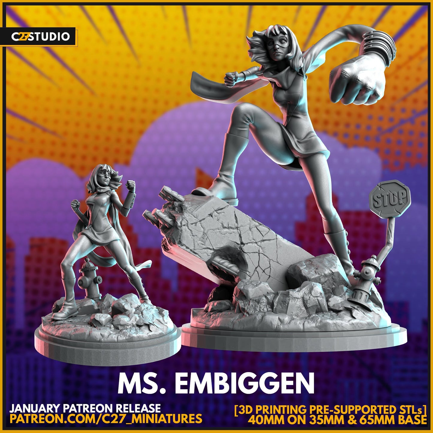 Ms. Marvel / Ms. Embiggen 40mm miniatures (both minis) (sculpted by C27 collectibles) (Crisis Protocol Proxy/Alternative)