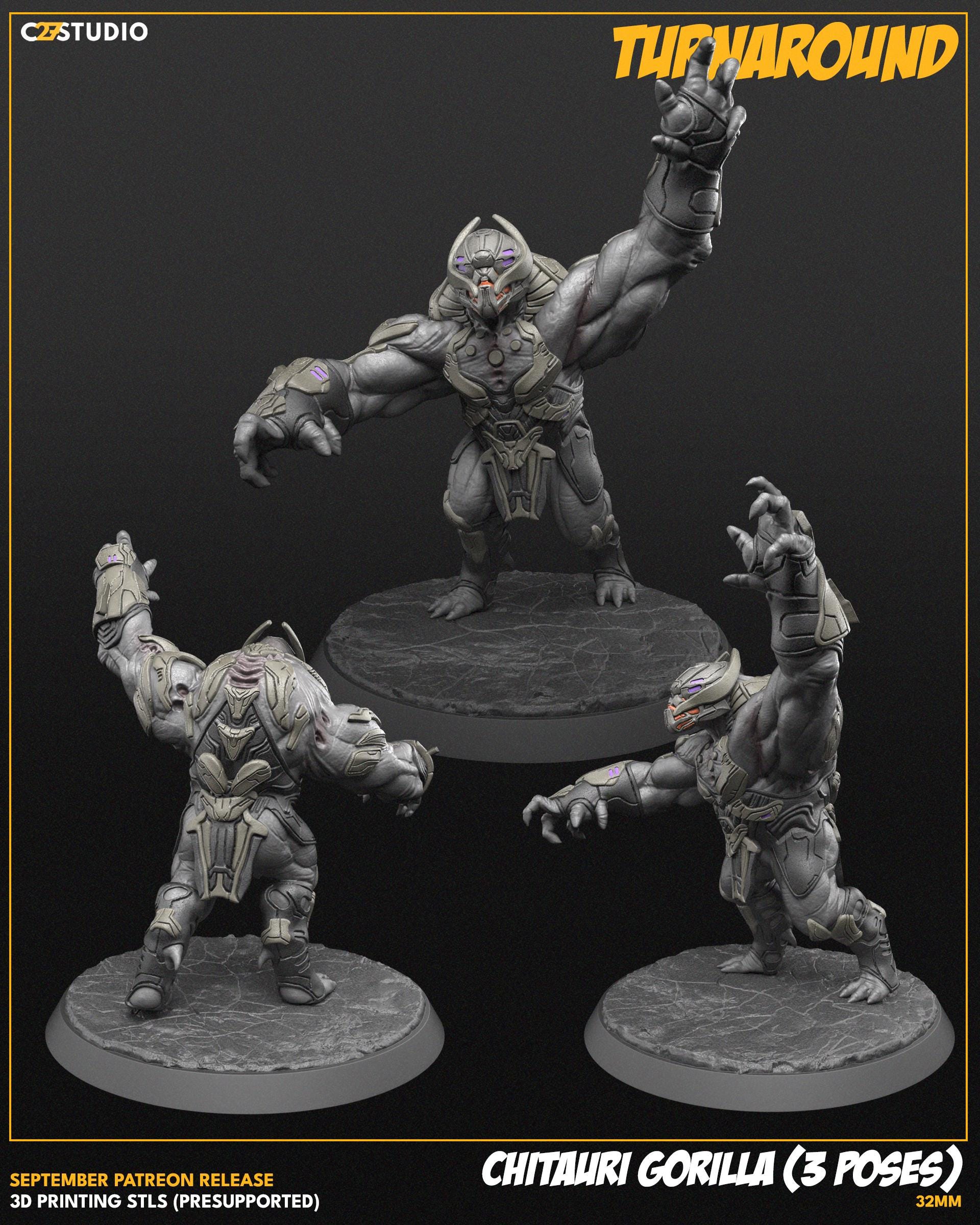Chitauri Gorilla - Set of 3 - 32mm miniature (sculpted by C27 collectibles) (Crisis Protocol Proxy/Alternative)
