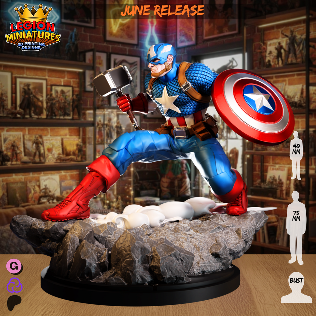 Captain America with Mjolnir fan-art miniature by Legion Miniatures