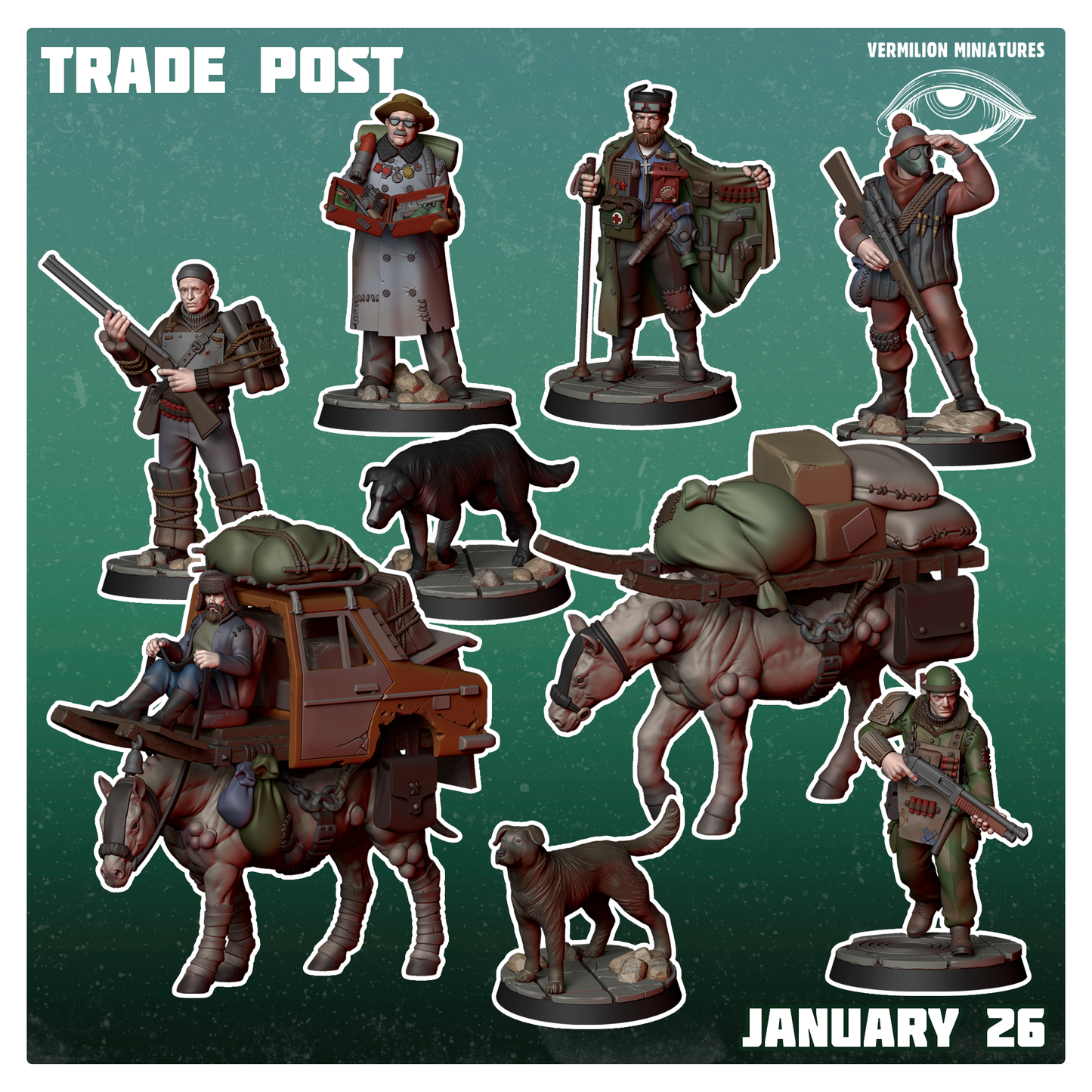 Trade Post Warband - 9 minis plus terrain (Sculpted by Vermillion Miniatures)