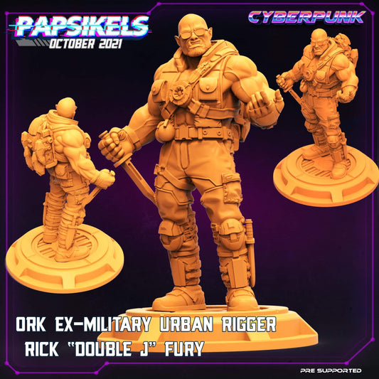 Ork Ex-military Urban Rigger Rick Double J Fury (cyberpunk / sci-fi miniature) sculpted by Papsikels