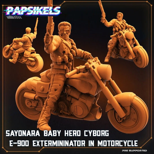 Sayonara Baby Hero Cyborg / E-900 Exterminator on Motorcycle / Terminator (sculpted by Papsikels)