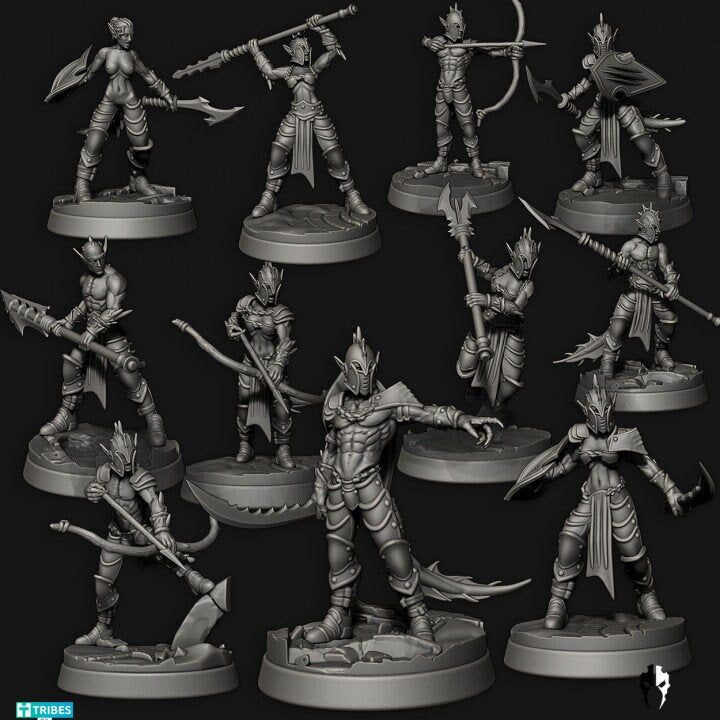 Atlantean Sea Elves - Rangers / Berzerkers / Warriors - Set of 10 + pin-up (Sculpted by Edge Miniatures)