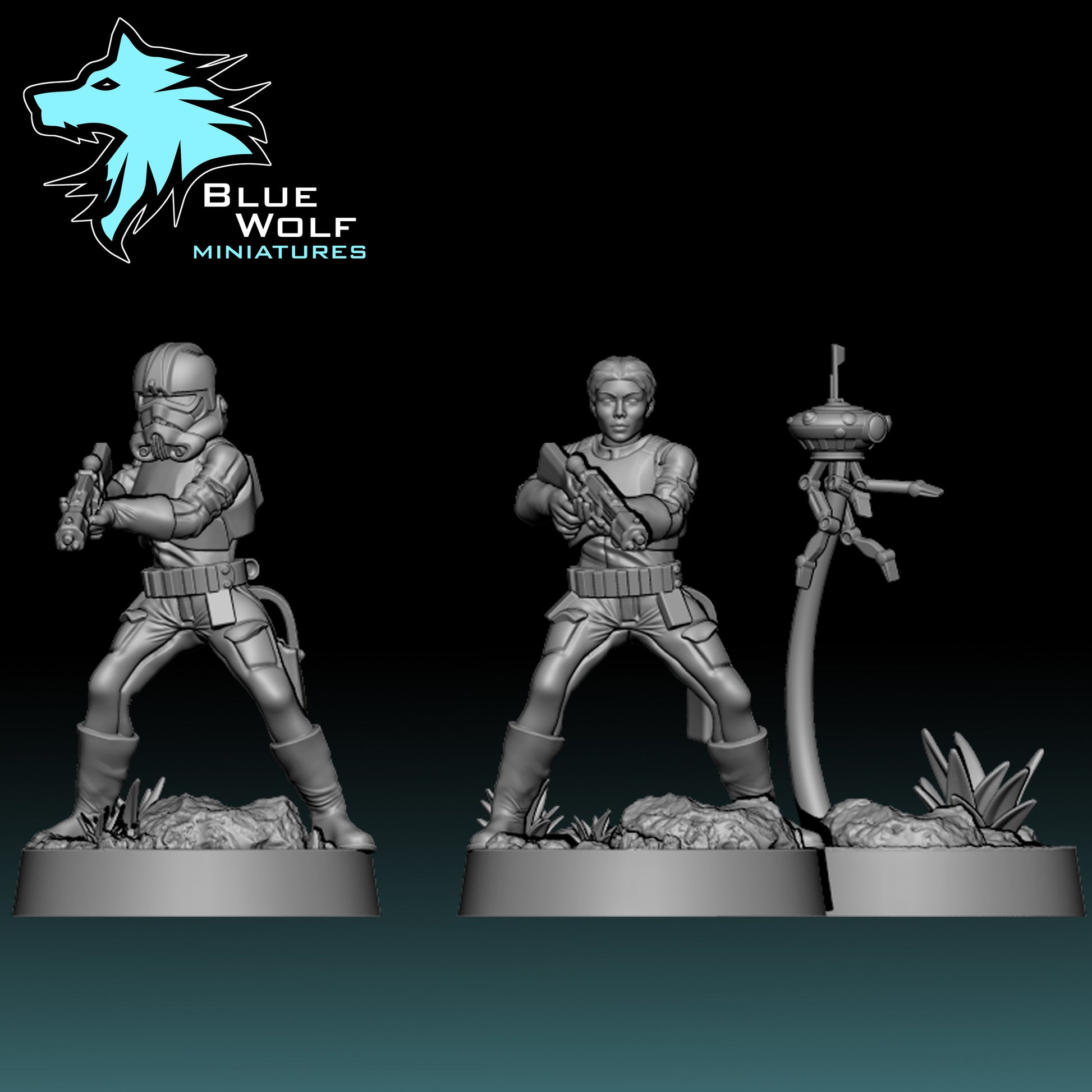 Diablo Squad Commander Giden Verzo and her Bot (sculpted by Blue Wolf Miniatures)